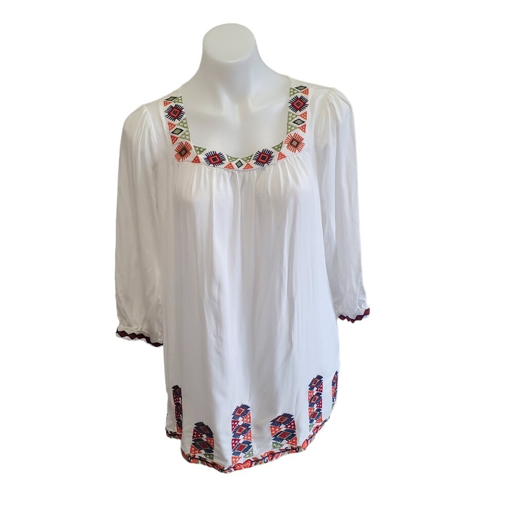 JJ'S Fairyland Mexican Aztec Oaxacan Embroired White 3/4 Sleeve Tunic Blouse Med